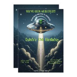 Small Alien Abduction Ufo Blue Clouds Birthday Party Invitation Front View