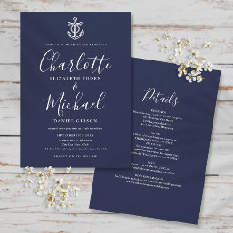 Small All In One Nautical Navy Blue And White Wedding Invitation Front View