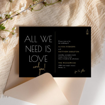 all we need is love | modern black + gold wedding invitation