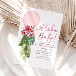 Small Aloha Baby Tropical Floral Balloon Baby Shower Invitation Front View
