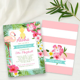 Small Aloha Pink Flamingo Tropical Graduation Luau Party Invitation Front View