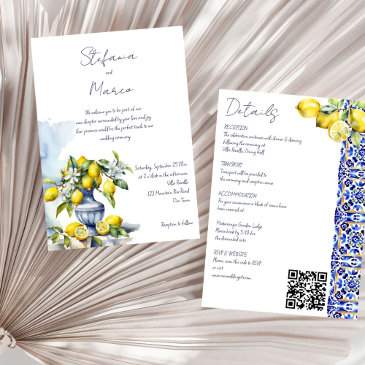 amalfi italian blue tile lemons all in one wedding invitation