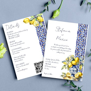 amalfi italian blue tile lemons all in one wedding invitation