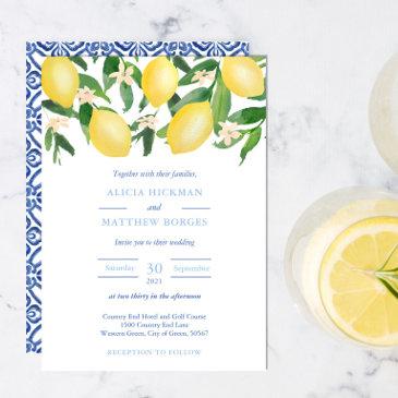amalfi zesty lemons vintage blue tiles wedding invitation