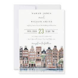 Small Amsterdam Dutch Canal Watercolor Landscape Wedding Invitation Front View
