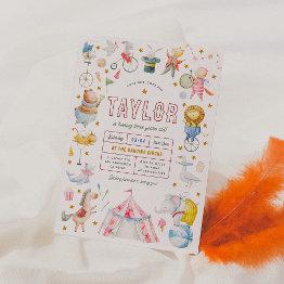 Small Animal Circus | Watercolor Carnival Birthday Party Invitation Front View