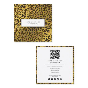 animal skin leopard print pattern gold qr code square business invitations