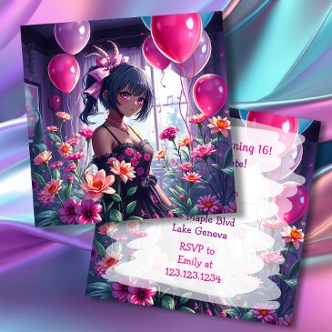 anime girl of color floral birthday invitation