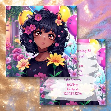 anime girl of color personalized birthday invitation