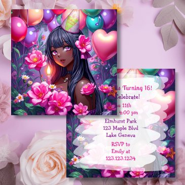 anime themed african-american girl birthday invitation