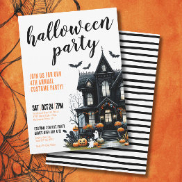 Small Annual Costume Haunted House Halloween Party Invitation Front View