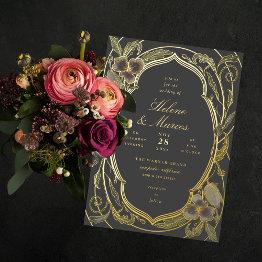 Small Antique Floral Art Nouveau Wedding Gray Gold Foil Invitation Front View