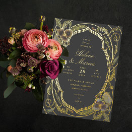 Small Antique Floral Art Nouveau Wedding Gray Gold Foil Invitation Front View