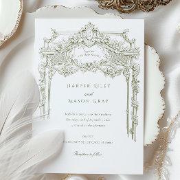 Small Antique Olive Ornate Wedding Invitation Front View