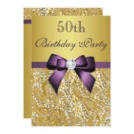 Small Any Age Birthday Gold Faux Sequins Purple Bow Invitation Front View