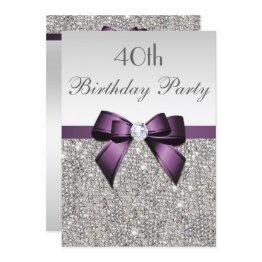 Small Any Age Birthday Party Silver Sequin Purple Bow Invitation Front View