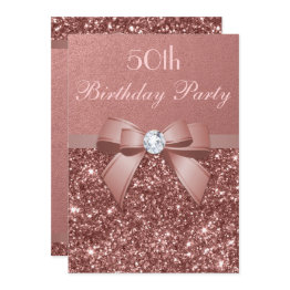Small Any Age Birthday Rose Gold Glitter Diamond Bow Invitation Front View