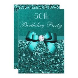 Small Any Age Birthday Teal Glitter Diamond Bow Invitation Front View