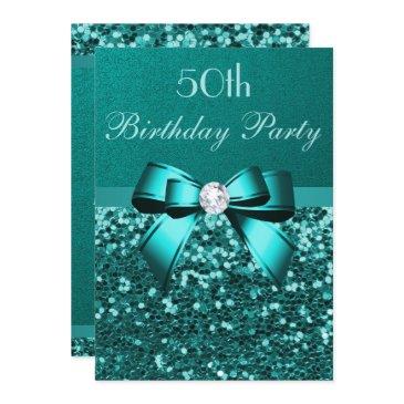 any age birthday teal glitter diamond bow invitation