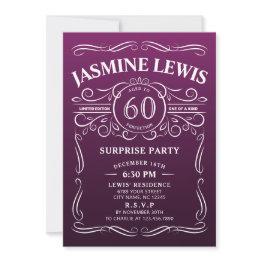 Small Any Age Purple Whiskey Surprise 60th Birthday Invitation Front View