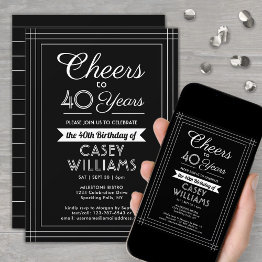 Small Any Birthday Cheers Classic Border Black And White Invitation Front View