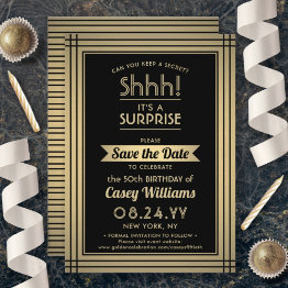 Small Any Birthday Surprise Party Elegant Black And Gold Save The Date Front View