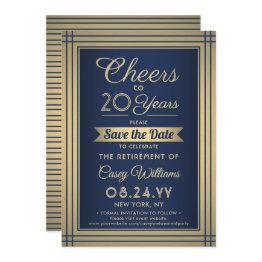 Small Any Number Retirement Party Cheers Navy Blue Gold Save The Date Front View