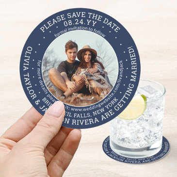 any text wedding save the date photo navy & white round paper coaster