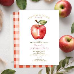 Small Apple Of Our Eye Girl First Birthday Party Invite Front View