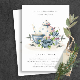 Small Aqua Blue Floral Teapot Cup Bridal Shower Invite Front View