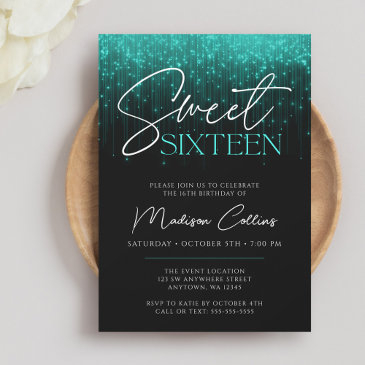 aqua teal lights black sweet 16 invitation