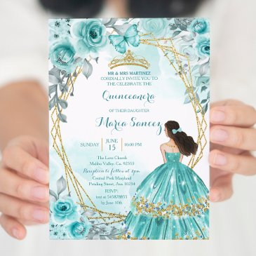 aqua teal turquoise2 rose & butterfly mis quince invitation