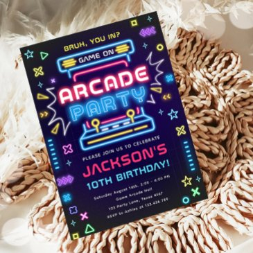 arcade party glow neon video game on boy birthday invitation