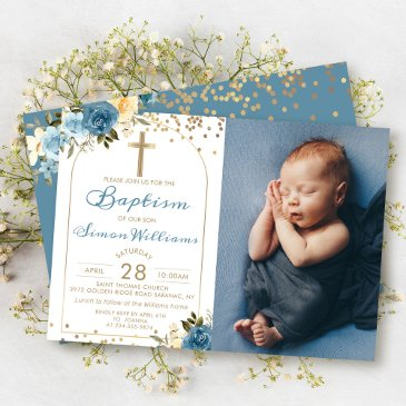 arch dusky blue floral gold glitter baptism photo invitation
