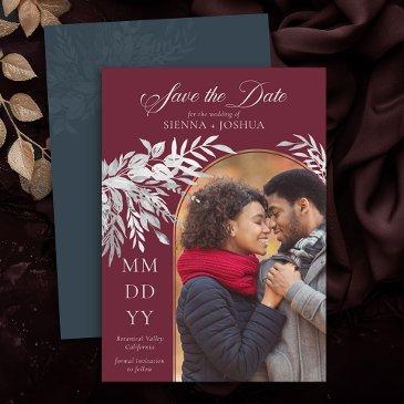 arch photo botanical foliage burgundy grey save the date