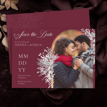 arch photo botanical foliage burgundy horizontal save the date
