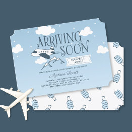Small Arriving Soon Airplane Baby Shower Invitation Front View