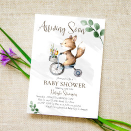 Small Arriving Soon Little Fox Riding Bike Baby Shower Invitation Front View