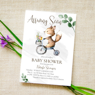 arriving soon little fox riding bike baby shower invitation