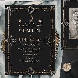 Small Art Deco Elegant Black Gold 20s Classic Wedding Invitation Front View