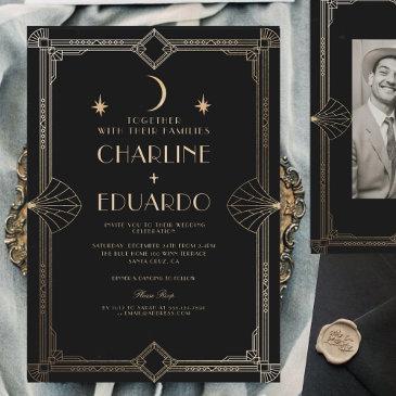 art deco elegant black gold 20s classic wedding invitation
