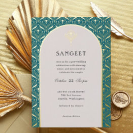 Small Art Deco Gold Floral Indian Wedding Sangeet Foil Invitation Front View