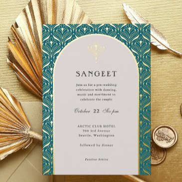 art deco gold floral indian wedding sangeet foil invitation