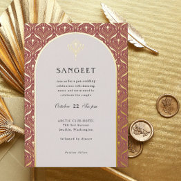 Small Art Deco Gold Floral Indian Wedding Sangeet Foil Invitation Front View