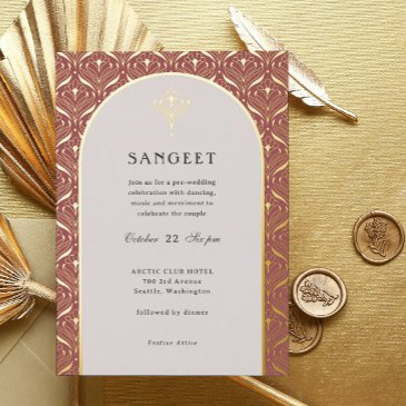 art deco gold floral indian wedding sangeet foil invitation
