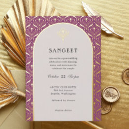 Small Art Deco Gold Floral Indian Wedding Sangeet Foil Invitation Front View