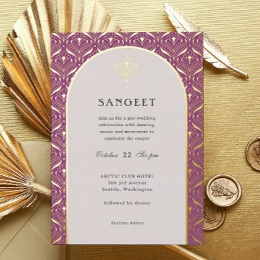art deco gold floral indian wedding sangeet foil invitation