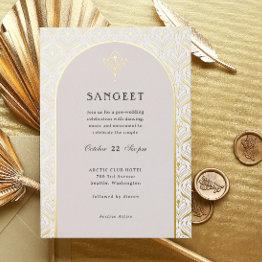 Small Art Deco Gold Floral Indian Wedding Sangeet Foil Invitation Front View
