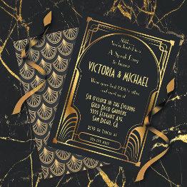 Small Art Deco Nouveau Speak Easy Party Gold & Black Invitation Front View