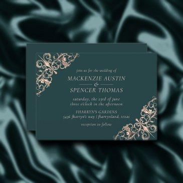 art deco retro | forest green rose gold wedding invitation